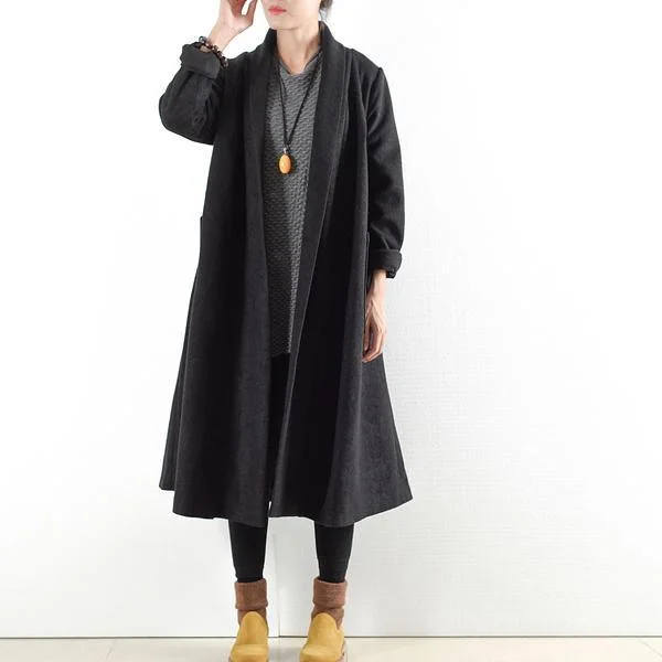 new autumn winter black woolen parka oversize thick maxi trench coats